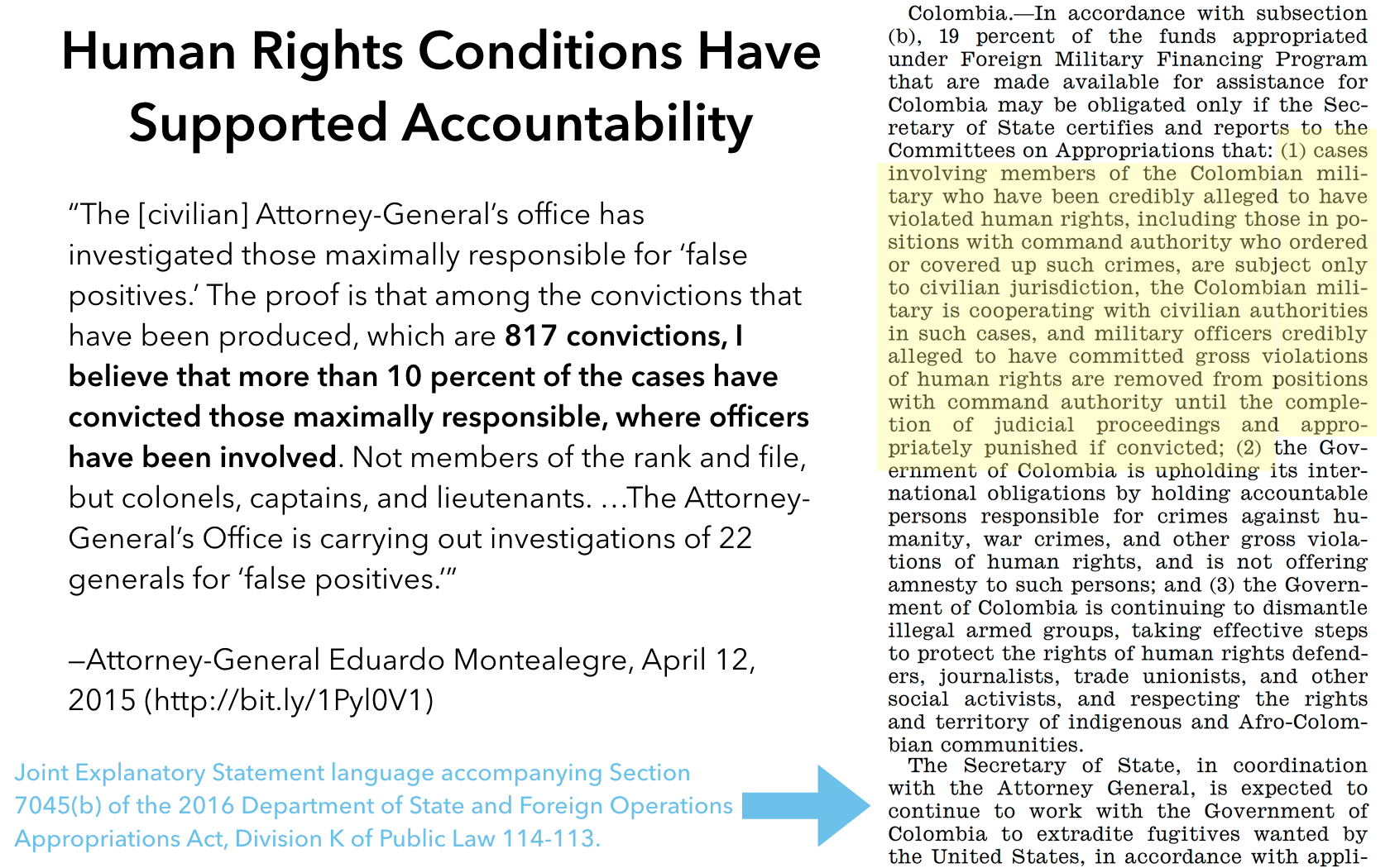 Graphic shows text of human rights conditions and suggests correlation between these and improved accountability for violations
