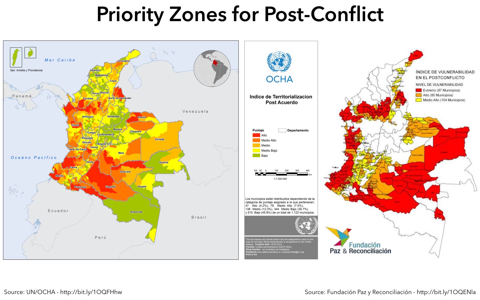 Maps from UN-OCHA and the Peace and Reconciliation Foundation depicting priority municipalities for governance in a post-conflict scenario