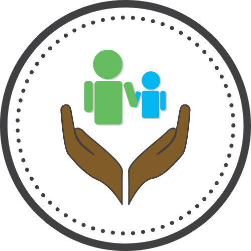 Circle icon of a pair of brown hands open towards a big green human figure and small blue human figure holding hands