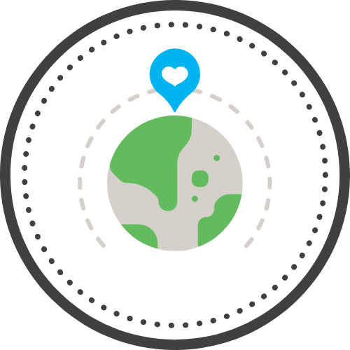 Circle icon of the earth with a white heart in blue pin that sits on top of the earth