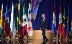 President Joe Biden walks to the podium to speak during the opening ceremony at the Summit of the Americas. AP/Marcio Jose Sanchez.
